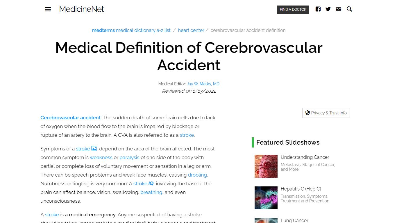 Medical Definition of Cerebrovascular Accident (CVA) - MedicineNet